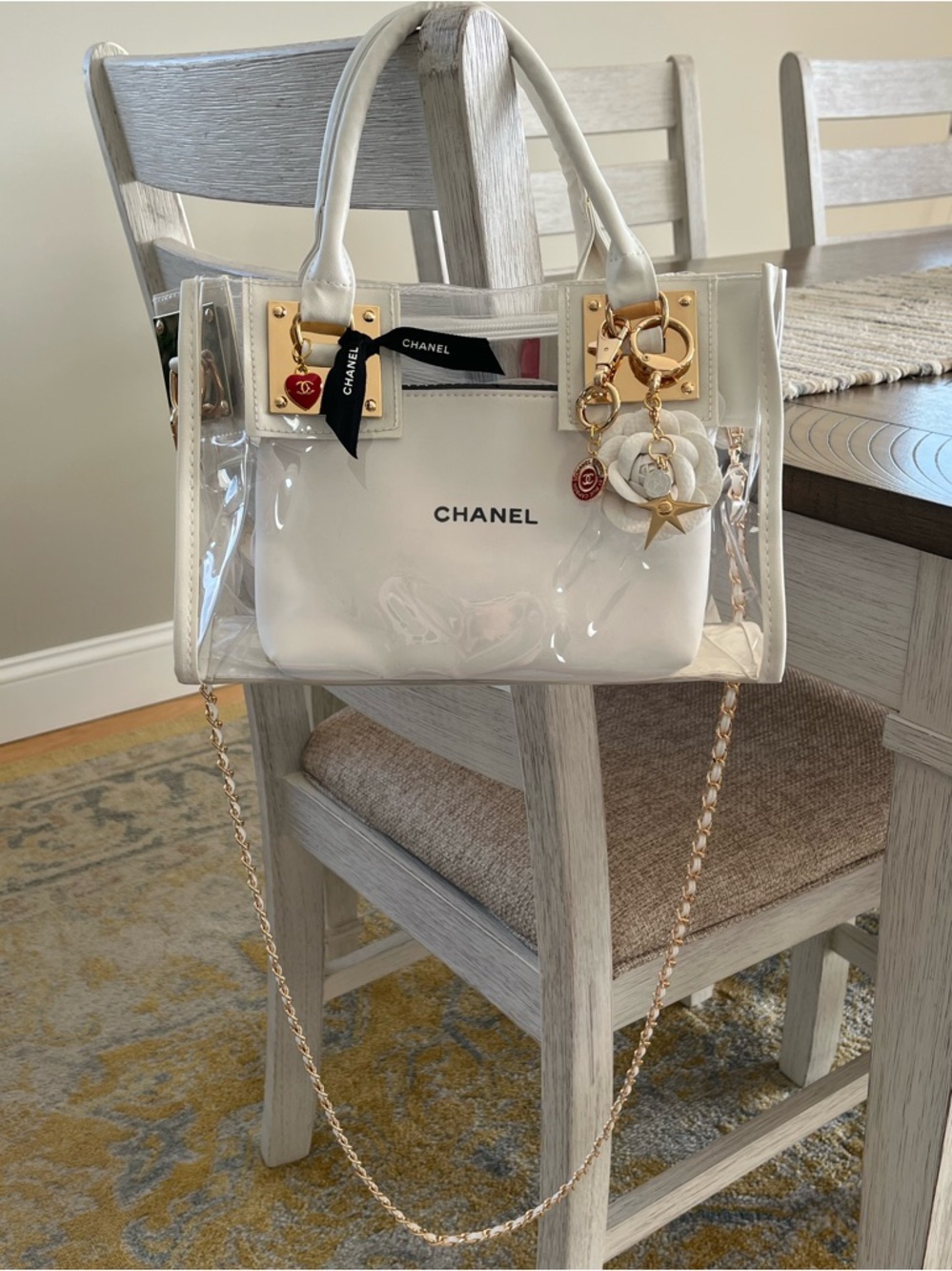 Custom Upcycled Chanel Beauté Clear Bag w Authentic Charms, Ribbon & Makeup Bag - Picture 2 of 16